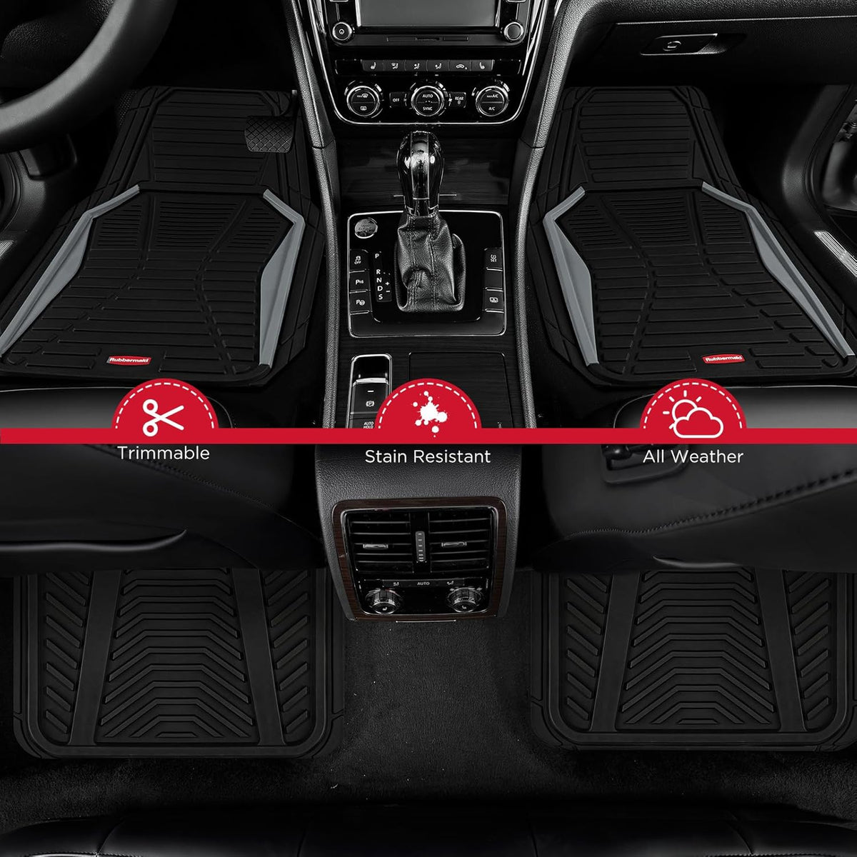 Rubbermaid Car Mat Full Set All-Weather Heavy-Duty 4 Pieces– Trim-to-Fit Universal Car Mats Full Set – Waterproof Rubber Floor Liners for Most Trucks, SUVs, Vans, and Sedans-Gray