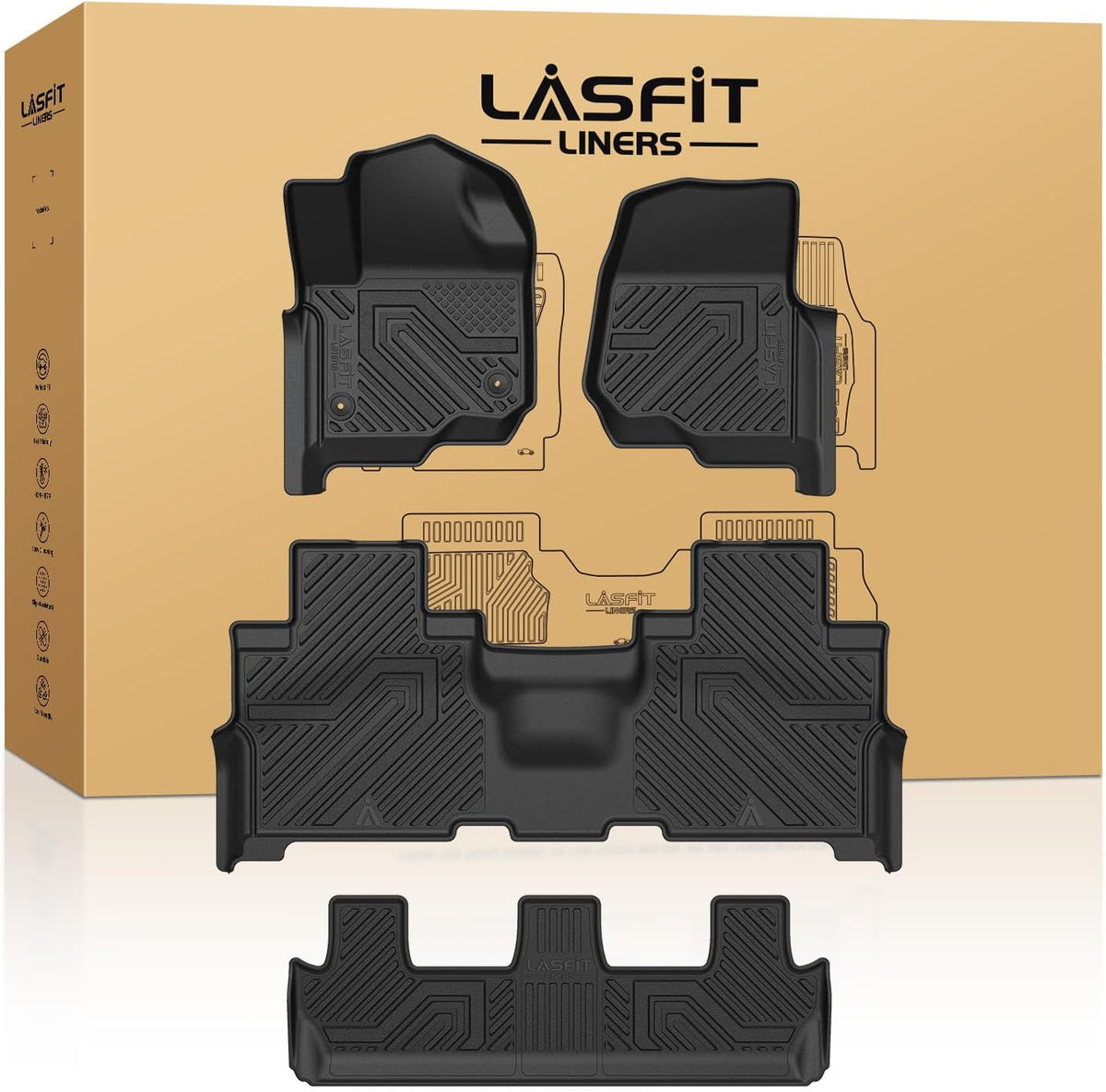 LASFIT Floor Mats for Ford Expedition | Expedition Max 8 Seater 2018-2024(Not Fit 7 Seats), All Weather TPE Protector Custom Fit for SUV Car Liners, 1st& 2nd& 3rd Row, Black 4pcs