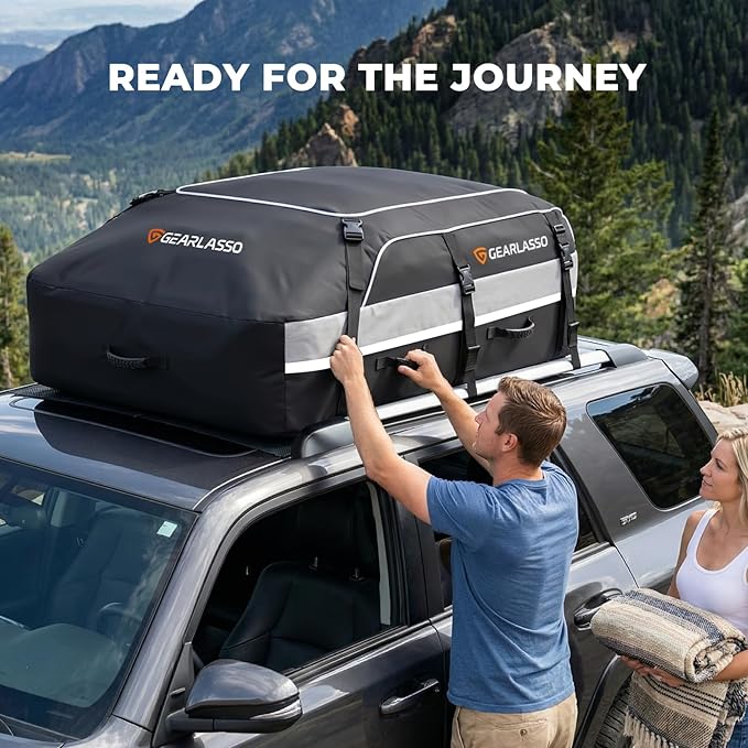 Car Roof Bag 21 Cubic Feet, Waterproof Rooftop Cargo Bag for Cars SUVs & Vans, 840D Heavy-Duty PVC, Universal Fit with or Without Roof Rack- Anti-Slip Mat，Combination Lock，6 Door Hooks，4 Extra Straps