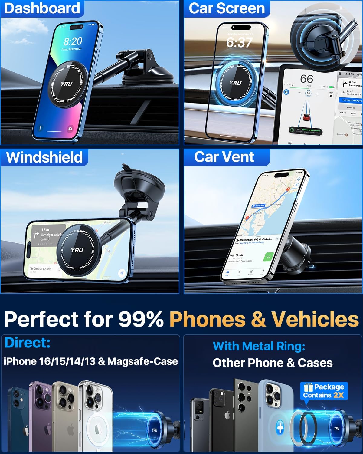 YRU [2025 Upgraded] Magnetic Phone Holder for Car【Patented & Super Magnet】 for MagSafe Car Mount Dashboard Magnet Phone Holder Windshield Phone Stand for iPhone 16 15 14 13 12 Pro Max Samsung, Black