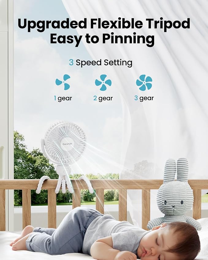 Gaiatop Mini Portable Stroller Fan, Battery Operated Small Clip on, Detachable 3 Speed Rechargeable, 360° Rotate Flexible Tripod Better Cooling for Car Seat Crib Treadmill Travel White