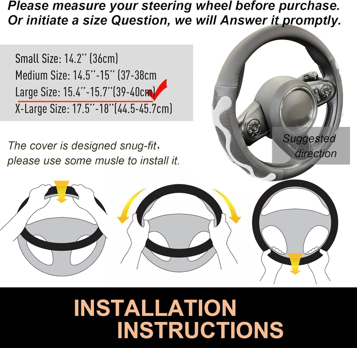 PINCTROT Large Size Comfy Grip Steering Wheel Cover, Anti-Slip Design, 15.5-15.75 Inch(Silicone White)