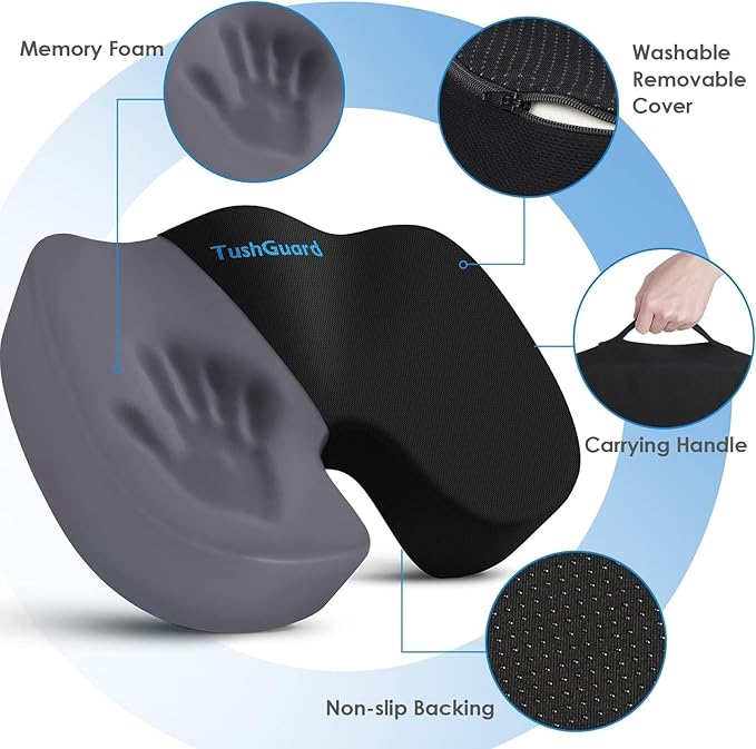 TushGuard Seat Cushion for Office Chair Memory Foam Non-Slip Desk Seat Cushion Back, Coccyx, Sciatica, Tailbone Pain Relief Butt Pillow for Office Chair, Car, Wheelchair, Black