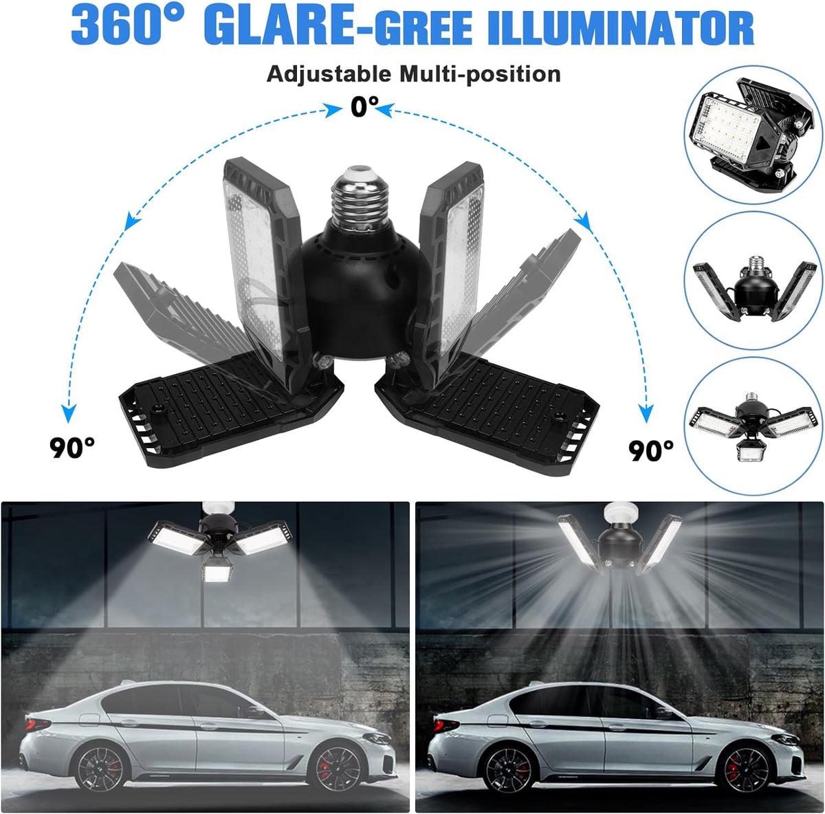 LED Garage Lights - 1 Pack, 80W, 8000LM 6500K Shop Light with 3 Deformable Panels, Basement Barn Light, E26/E27 for Shop, Warehouse, Basement