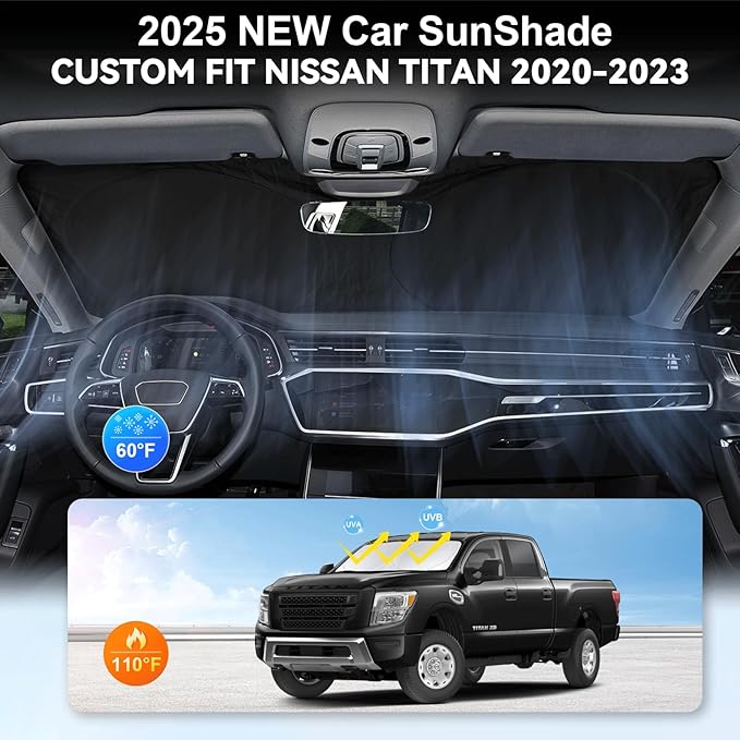 Custom Fit Titan Windshield Sunshade for 2020-2023 2024 2025 Upgrade Nissan Titan Front Window Sun Shades Shield Cover for Windshield Foldable 210T Sun Visor Protector Blocks UV Ray Car Accessories