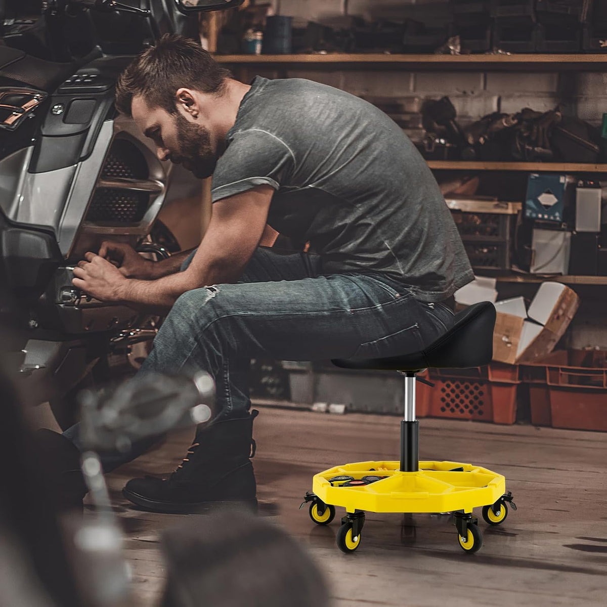 Goplus Rolling Garage Stool, 20”-25” Height Adjustable Mechanic Stool w/Magnetic Tool Tray, 2.5" Thick Padded Seat, Universal Lockable Wheels, Pneumatic Creeper Seat for Repair Shop, 350LBS Capacity