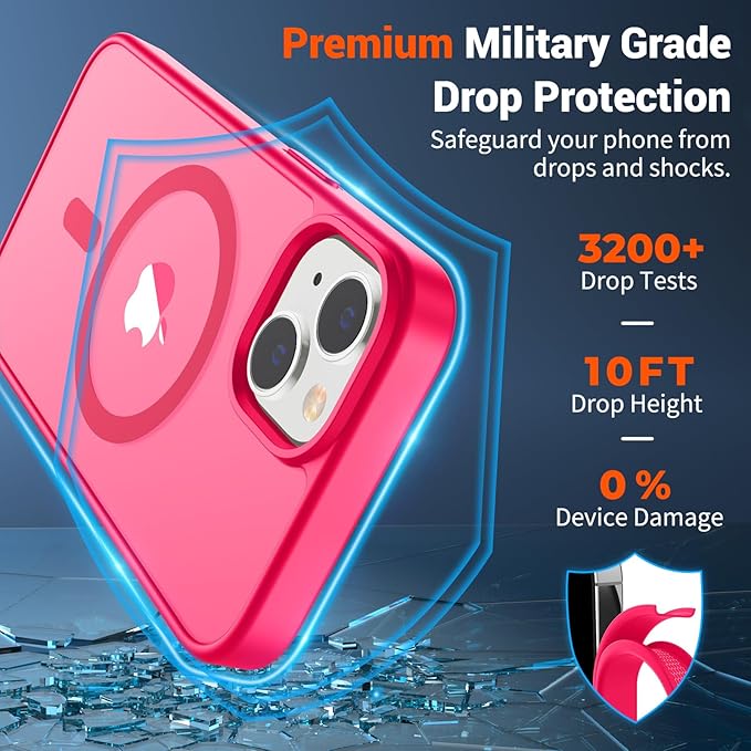 SUPFINE Magnetic for iPhone 15 Case (Compatible with MagSafe) (Military Grade Drop Protection) Slim Translucent Matte Shockproof with Anti-Fingerprint Phone Case,Hot Pink