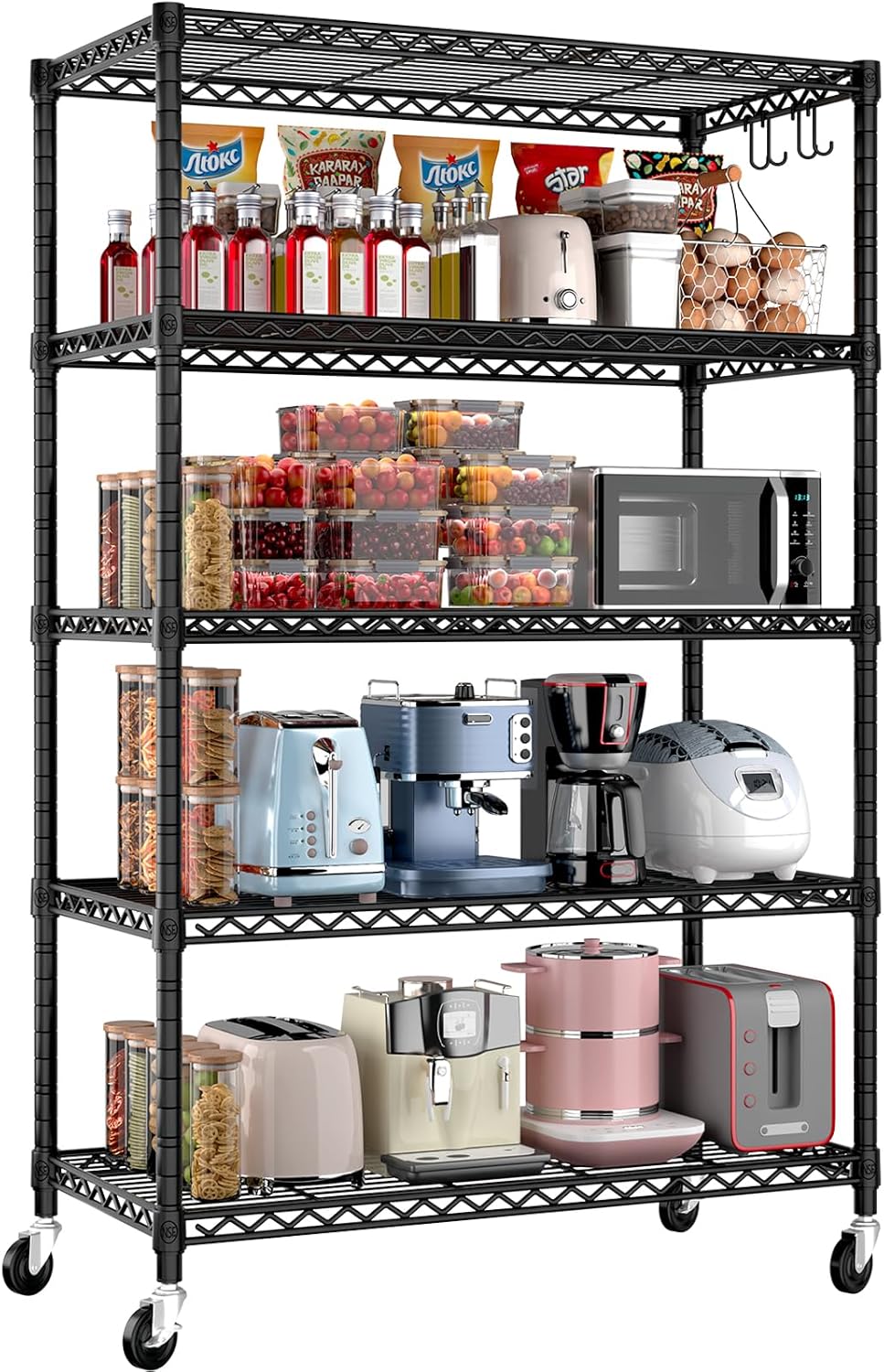 PrimeZone 36" W x 16" D x 79" H Wire Storage Shelves with Wheels, 5 Tier NSF Certified Heavy Duty Adjustable Kitchen Shelving Unit, Pantry Organizer Rack Rolling Metal Shelf for Garage Closet Bathroom