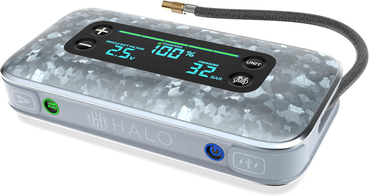 HALO Bolt Air+ 1750 Portable Car Battery Jump Starter | 130 PSI Air Compressor, 59.9Wh USB Power Bank, Large Display, Emergency Floodlight & Charger, Jumps Cars SUVs & Trucks, Inflates Tires — Silver