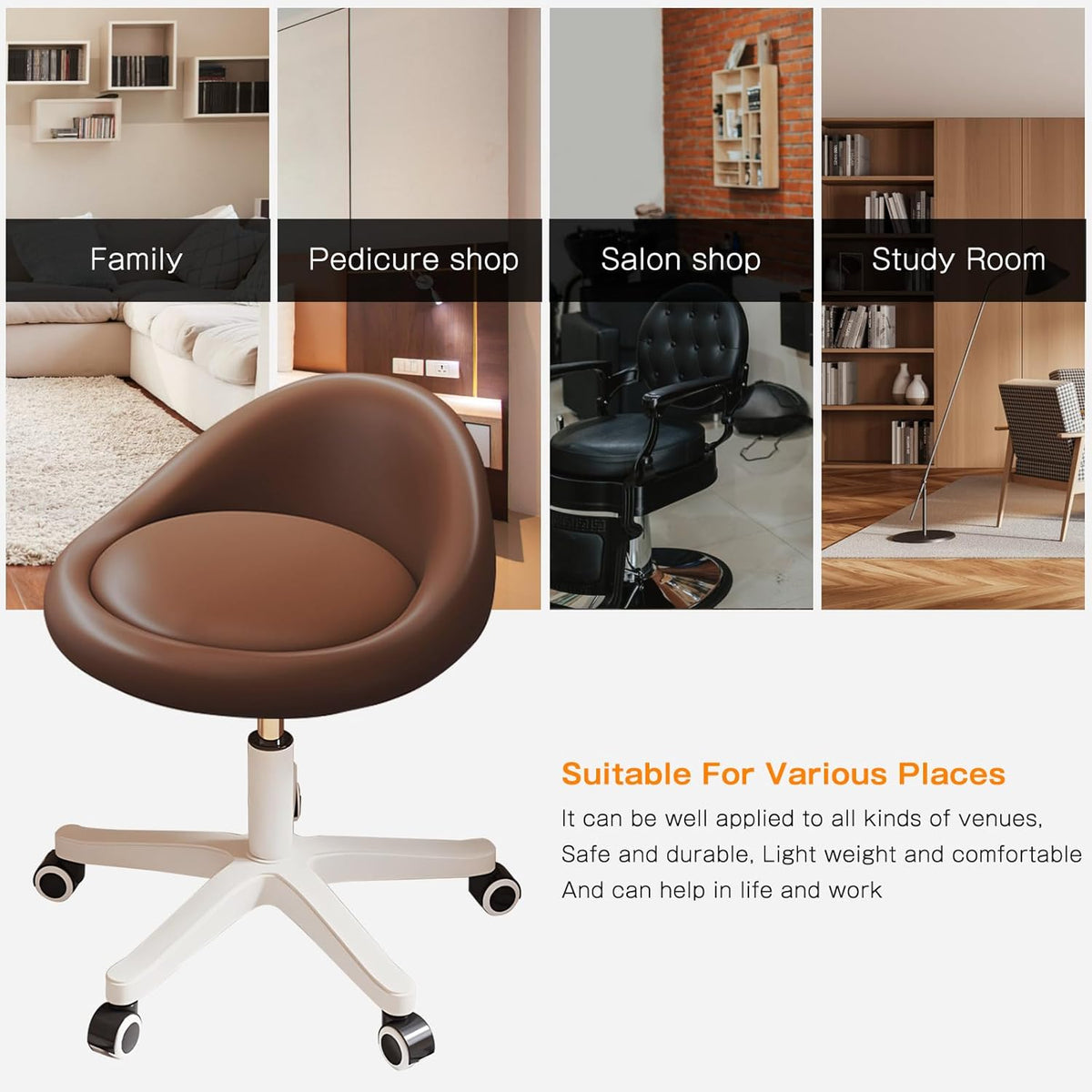 Rolling Stool Set of 6 Rolling Hydraulic Salon Stool with Low Backrest - Adjustable Swivel Chair for SPA, Shop, Salon, Massage, or Medical Office Brown