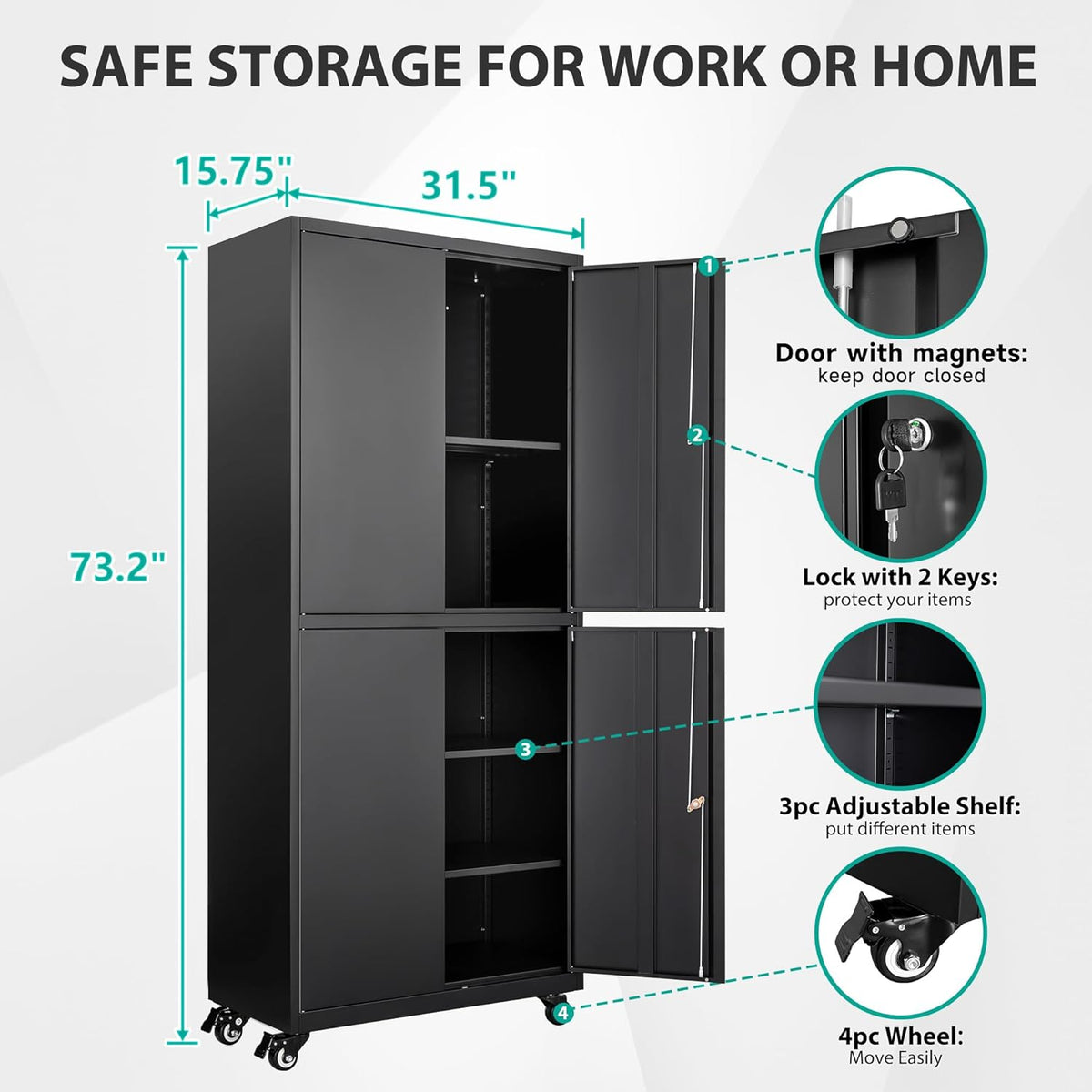 SISESOL Metal Storage Cabinet with Wheels,73" Rolling Garage Storage Cabinet with Lock,Black Metal Cabinets with Shelves and 4 Doors,Tall Tool Cabinets on Wheels for Garage,Home,Office,Shop