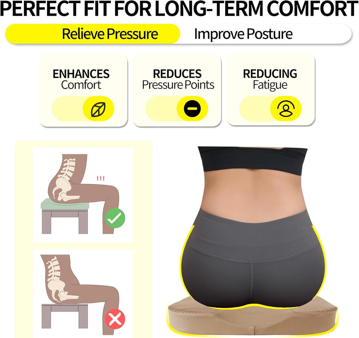 Comfort Memory Foam Seat Cushion for Car Seat Driver, Tailbone (Coccyx) Pain Relief Pad for Driving, Office Chair (Beige)