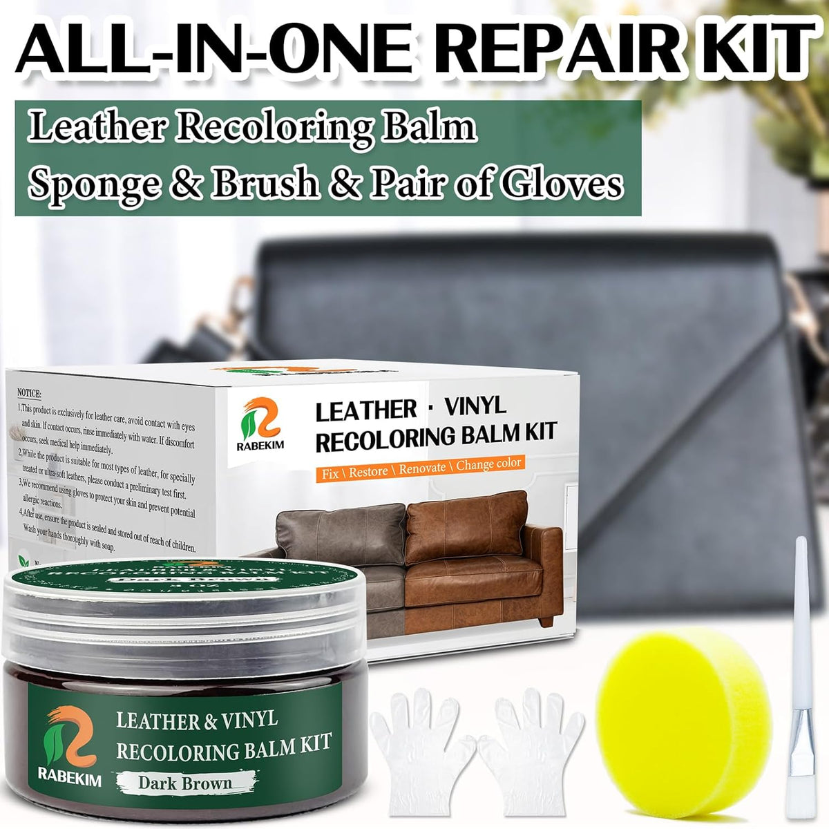 Dark Brown Leather Repair Kit, Leather Recoloring Balm – Restore & Repair Faded Leather on Couches, Car Seats, Shoes & Furniture | Leather Color Restorer & Conditioner | Easy DIY Application