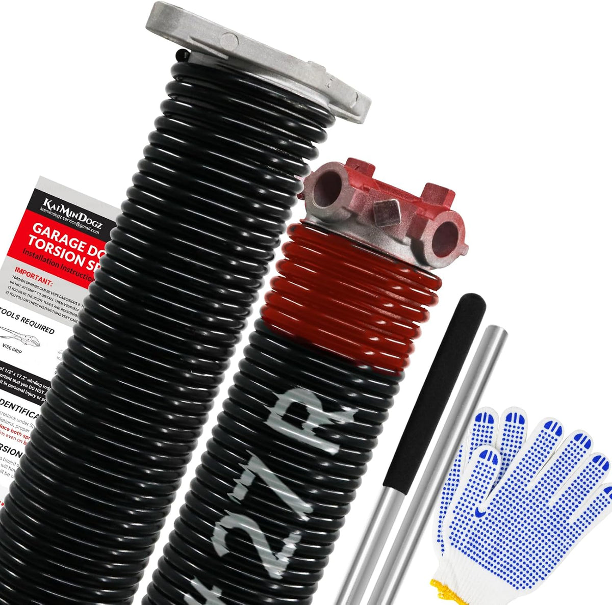 Pair of 1.75" Garage Door Torsion Springs Set with Non-Slip Winding Bars&Gloves, High Precision Electrophoresis Oil-Free Black Coated for Replacement, MIN 16,000 Cycles (0.225 x 1.75"x 27")