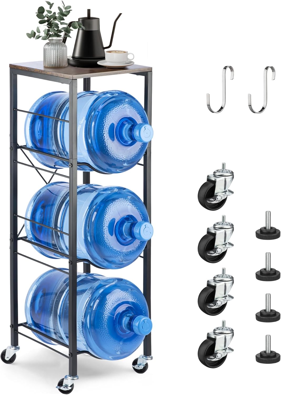 3-Tier 5 Gallon Water Bottle Holder with Lockable Casters, Heavy Duty Water Jug Rack with Wood Top Shelf, Water Dispenser Stand for Kitchen, Office, Garage