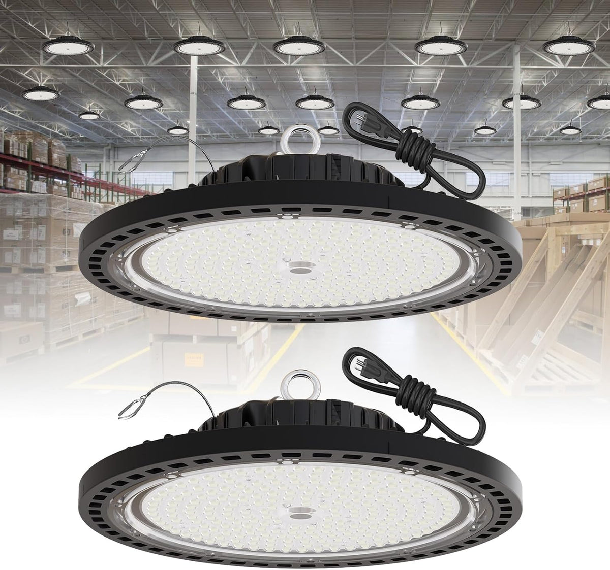 2 Pack UFO LED High Bay Light 200W, 29000 LM, 5000K with 5ft Power Cord, US Plug, Bright LED Shop Light for Basement Commercial Factory Garage Lighting, IP66 Waterproof, AC110-277V, ETL Listded