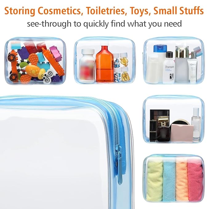 PACKISM Clear Toiletry Bag - 3 Pack Quart Size TSA Approved Toiletry Bag, Travel Makeup Cosmetic Bag for Women, Carry on Airport Airline Compliant Bag, Blue