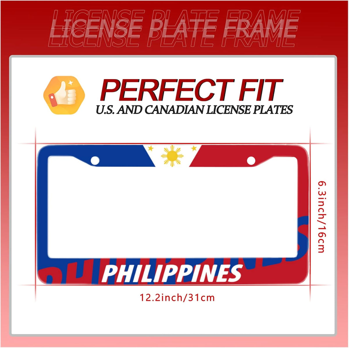 Philippine Flag License Plate Frames Round Hole Personalise License Plate Frame Car Universal Accessories Stainless Steel Cars Decor 2 Holes and Screws Fits Standard US Vehicles Size12.2 x 6 Inches