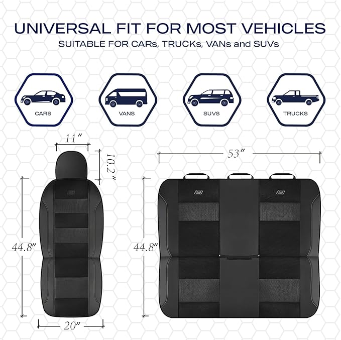 Skechers Aircooled & Memory Foam Seat Covers,Premium Leather with EVA Mesh Car Seat Covers,Seat Cover Full Sets,Airbag Compatible Automotive Comfort for Most Cars, Vans, Trucks, SUV,Black