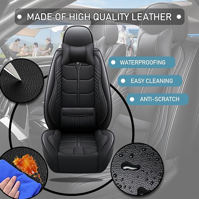 Leather Car Seat Covers Fit for Toyota C-HR CHR 2018-2024, 5 Seater Car Seat Cover, Premium Waterproof, Scratch Resistant Car Interior Accessories (Full Set with Pillow Black)