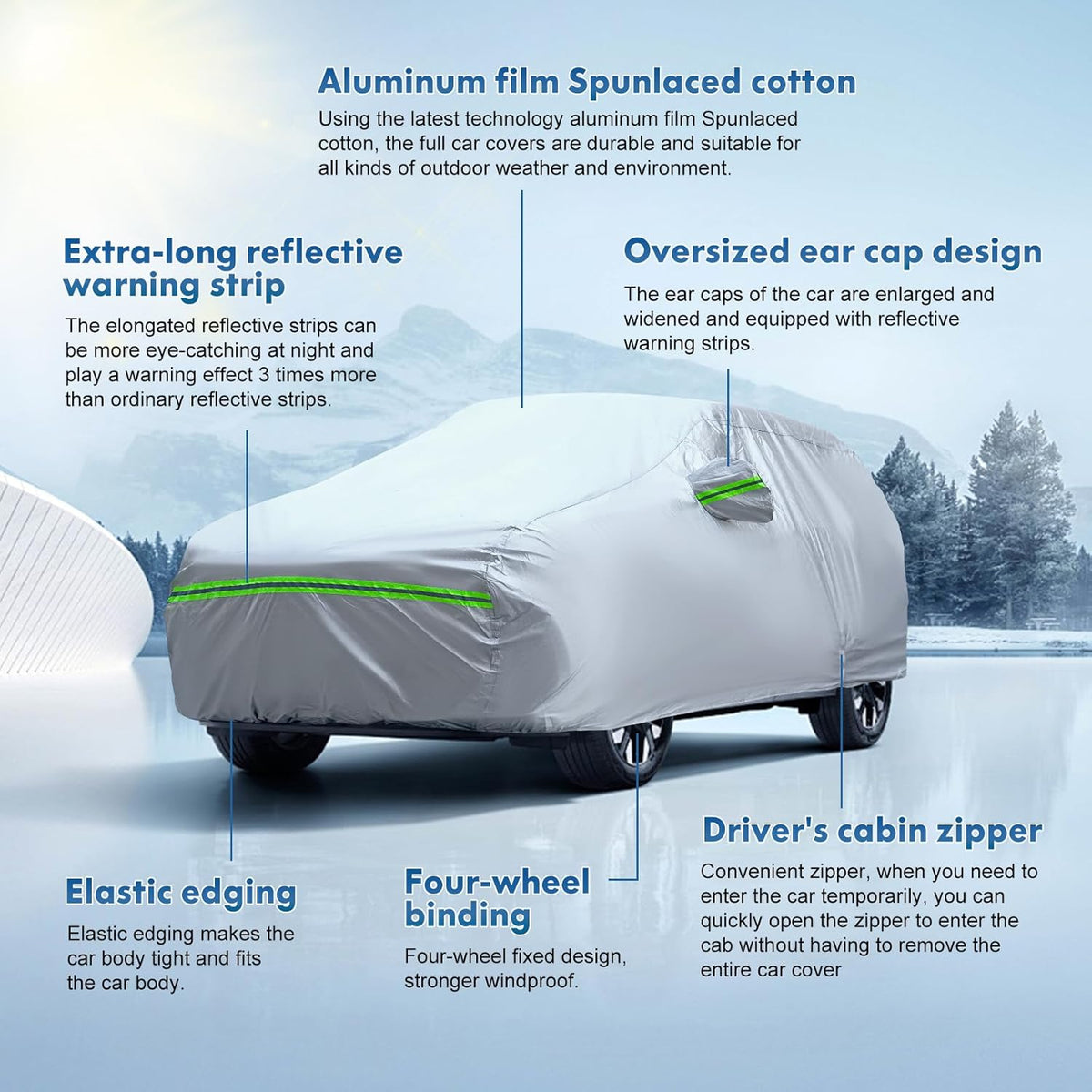 KEYOOG 6-Layer Full Car Cover is All-Weather Waterproof, Universal in All Seasons, Snow Prevention, Rainproof, Acid Rainproof, Sunscreen, Ultraviolet-Proof, Fit SUV 205"-216" Green Reflective Strip