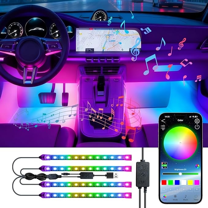 Car Led Interior Lights, RGB Truck Interior Lights with App Control, Under Dash Footwell Automotive Led Light Strip, Car Ambient Lighting for SUV(1set)