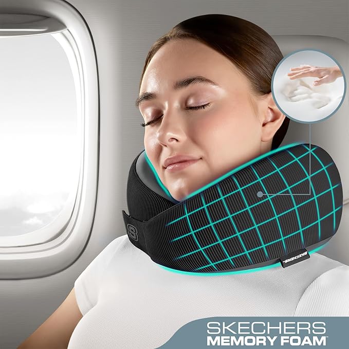 Skechers Men's Memory Foam Neck Pillow, Comfortable & Breathable Travel Pillow,Neck Pillow Airplane for Travel, Car Rides, Home, and Office Use, Ergonomic Design for Men and Women,Black