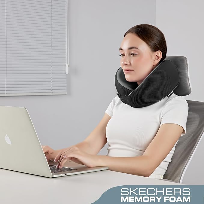 Skechers Men's Memory Foam Neck Pillow, Comfortable & Breathable Travel Pillow,Neck Pillow Airplane for Travel, Car Rides, Home, and Office Use, Ergonomic Design for Men and Women,Black