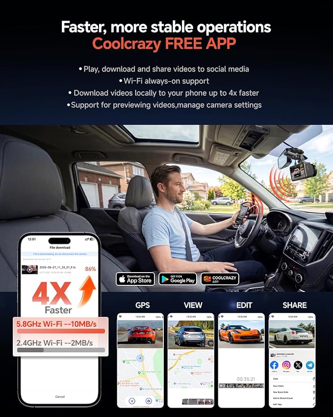 Coolcrazy 4K Dash Cam Front and Rear, STARVIS Sensor, Free 128GB Card Included, 5GHz WiFi-up to 20MB/s, Dual Dash Camera for Cars, Built-in GPS, G-Sensor, WDR/HDR Super Night Vision, 24H Parking Mode