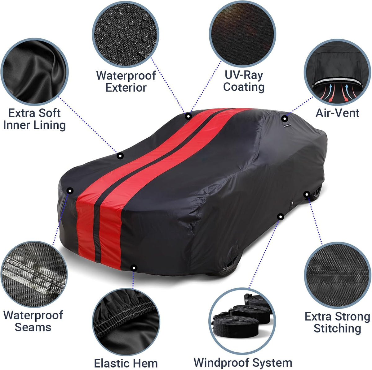 iCarCover Custom Car Cover for Pontiac Super Chief (1957-1958) Waterproof All-Weather Rain Snow UV Sun Protector Full Exterior Indoor Outdoor Car Cover (Stripe - Black/Red)