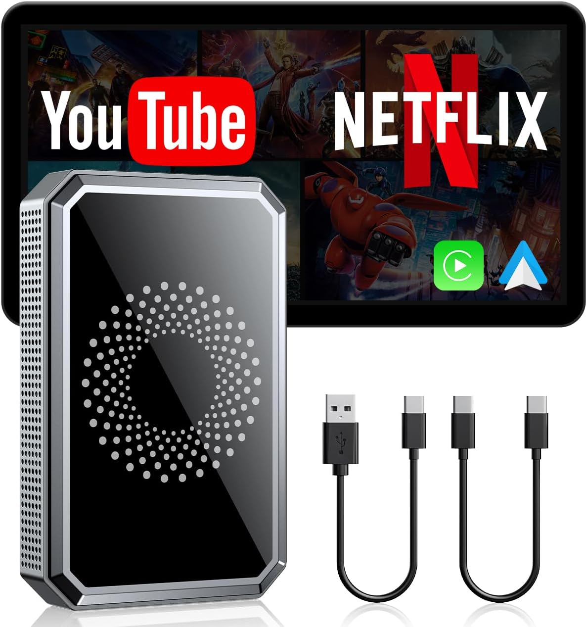 LAMTTO 3-in-1 Magic AI Box Video Player for Streaming Netflix/YouTube/TikTok on Car Screen Wireless Carplay Adapter Dongle with USB Drive for OEM Wired Apple Car Play Cars