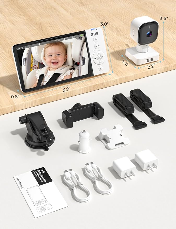 GHB Wireless Baby Car Camera 5" HD, 3500mAh Baby Monitor 2000mAh Camera Non WiFi, Temperature Alert, 720P Night Vision VOX Mode, 360° Rotatable Rear Facing Monitor Baby Essentials Gifts for Home Pets
