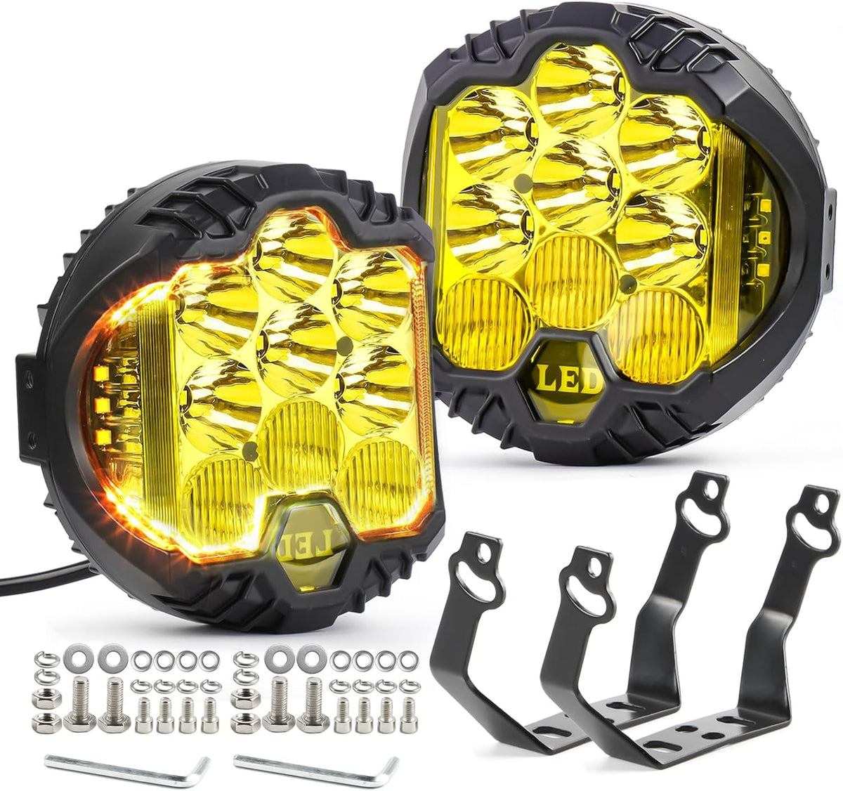 LIGBT 7 Inch Pair Amber Round LED Offroad Lights 90W Amber Yellow Off Road Light Fog Lights Driving lightsWaterproof Light Pods for Pickup Trucks 4x4 SUV ATV UTV