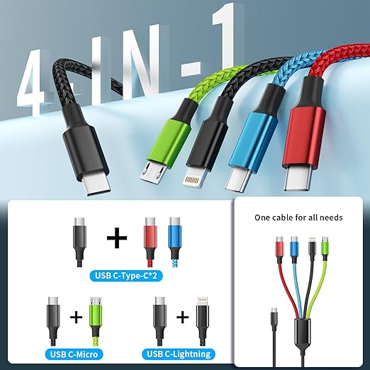 USB C Multi Charging Cable, Dual USB C 4 in 1 Charging Cable, Multi Chargers for All Devices with IP/Type C/Type C/Micro Port, Compatible with Most Cell Phones/Tablets and More [2Pack 5FT]