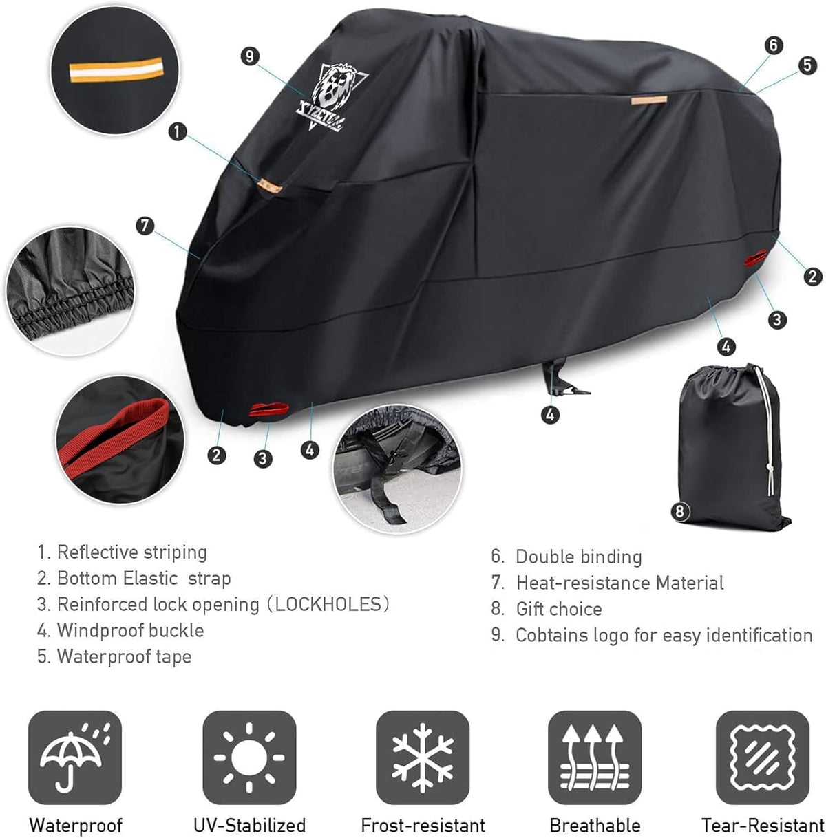 XYZCTEM Motorcycle Cover -Waterproof Outdoor Storage Bag,Made of Heavy Duty Material Fits up to 91 inch, Compatible with Harley Davison and All Motors(Black& Lockholes& Professional Windproof Strap)