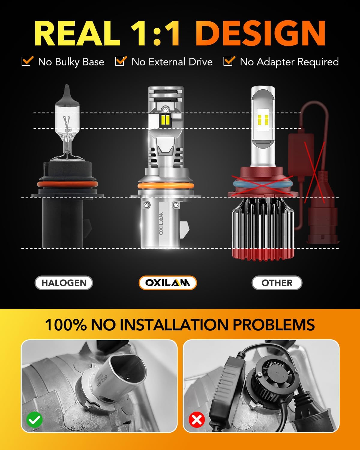 OXILAM 9007/HB5 LED Bulb, 900% Brighter, 3 Min Quick Install, 20 Years Lifespan, No Flicker, 99% Compatibility