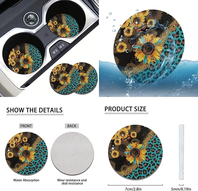 FKELYI Full Set Car Interior Accessories - Sunflower Leopard Seat & Headrest Covers, Steering Wheel, Gear Shifter & Handbrake Covers, Cup Coasters