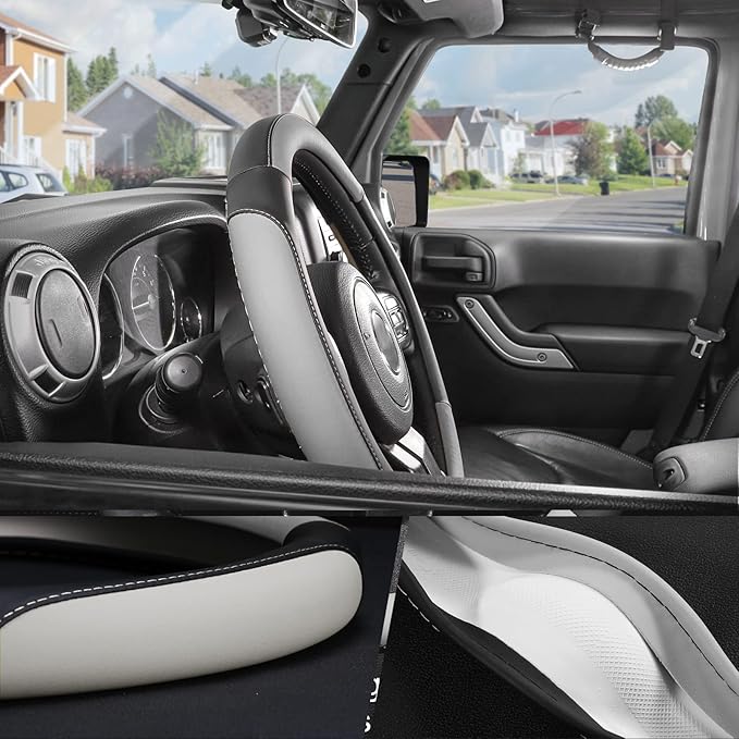 SEG Direct Car Steering Wheel Cover Large Size for F150 F250 F350 Ram 4Runner Tacoma Tundra Range Rover with 15 1/2 inches-16 inches Outer Diameter, Black and Gray Microfiber Leather