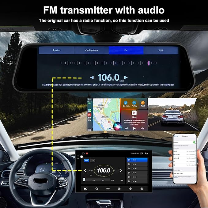 4K Mirror Dash Cam with Carplay&Android Auto,10" Rear View Mirror Camera for Cars/Trucks with Voice Control/Real 64GB Card/Touch Screen/Parking Monitor/Reverse Assist/Dual Loop Record/WDR Tech