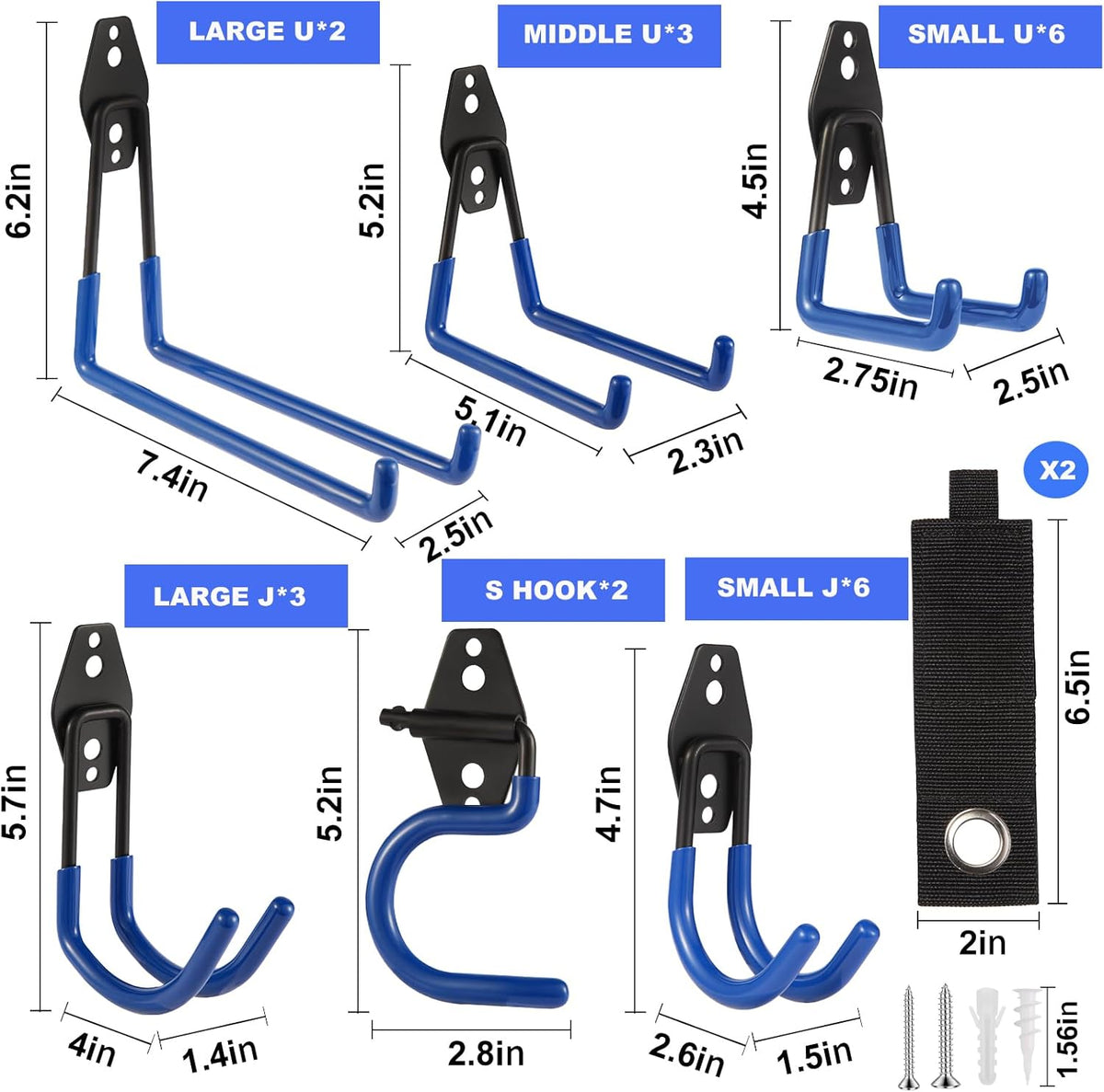 Garage Hook Heavy Duty Wall Storage Hangers, 24 Pack Garage Storage Hooks Steel Tool Blue for Ladders, Ropes, Garden Tools