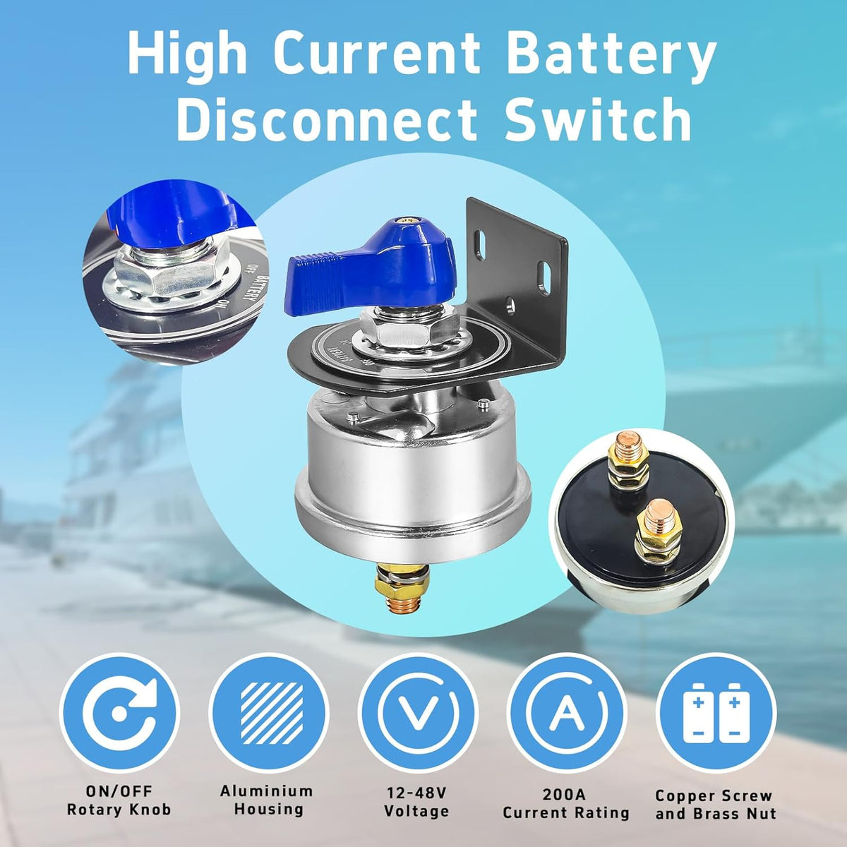 High Current Battery Disconnect Switch 200A,12-48V Battery Power Cut Off Isolator Switch with Face Plate for Car Yacht ATV RV Truck(Blue)