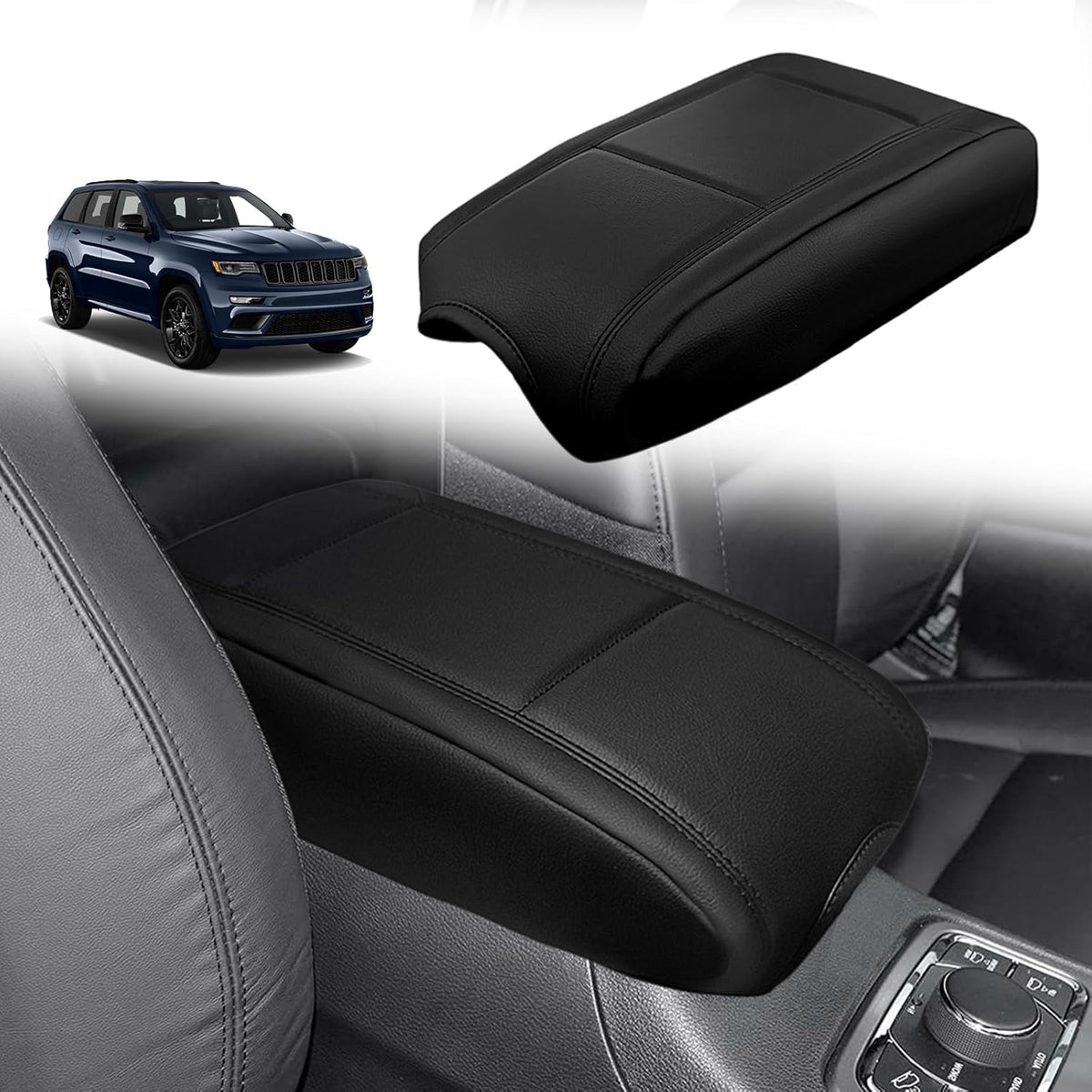 Muslogy Center Console Armrest Cover Compatible with Jeep Grand Cherokee 2011-2021 Comfort Armrest Pad Arm Rest Cushion Vegan Leather Protector Regular Thick