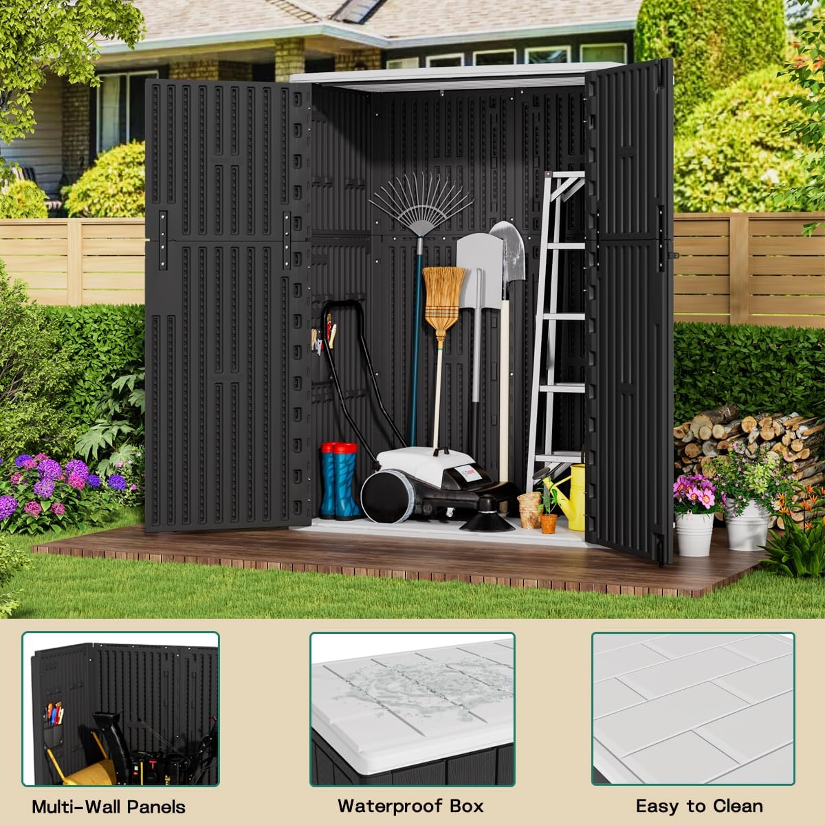 KINYING Outdoor Vertical Storage Shed,57 Cu.ft Outdoor Storage Cabinet Waterproof,Resin Sheds & Outdoor Storage Clearance for Garden,Patio,Backyard,Lockable (Black)