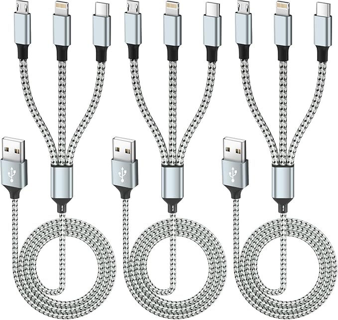 Multi Charging Cable(3Pack 4FT), 3 in 1 Charging Cable for Multiple Devices, Multi Phone Charger Cord with Type-C, Micro USB and IP Port for iPhone 16/15/14/13/iPad/Android/Tablets and More