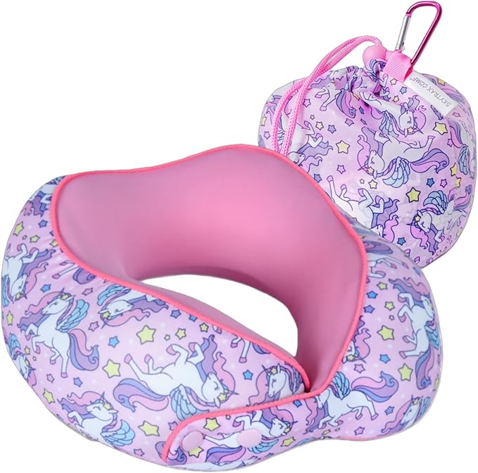 SKYTRAX® Certified Kids Safe Memory Foam Travel Neck Pillows for Kids and Toddlers, Cute Cartoon Design, Car Seat & Airplane Head Neck Support, Adjustable Snap Buttons, Washable Soft Cover (Unicorn)