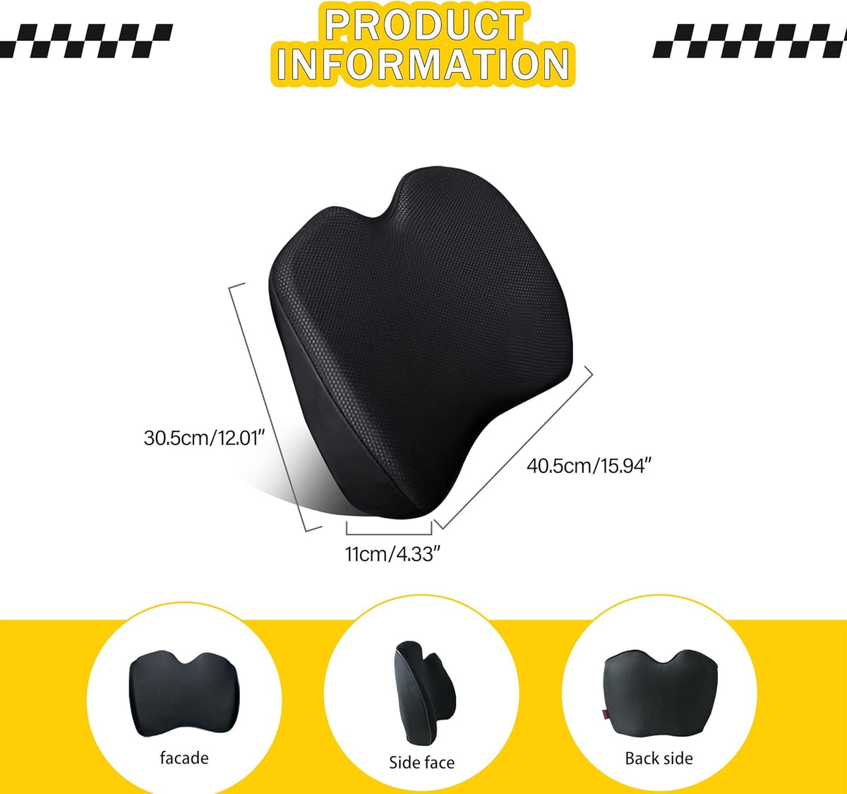 Super Soft Lumbar Support Pillow for Car, 100% Memory Foam Lumbar Pillow with Breathable Removable Cover, Ergonomic Design - Back Pillow Lumbar Support Pillow for Car Seat/Back Pain Relief(Black,1PC)