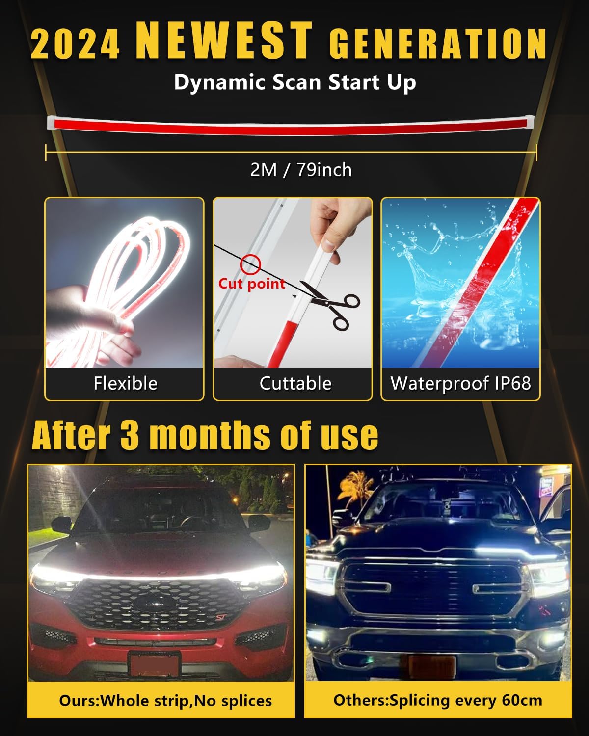 YM E-Bright Exterior Led Lights for Car Hood Light Strip Waterproof Dynamic Scan Start Up Hoodbeam Kit Neon Knight Rider Led Scanner Daytime Running Lights for Cars,Truck,SUV,12V White 79inch,1 Set