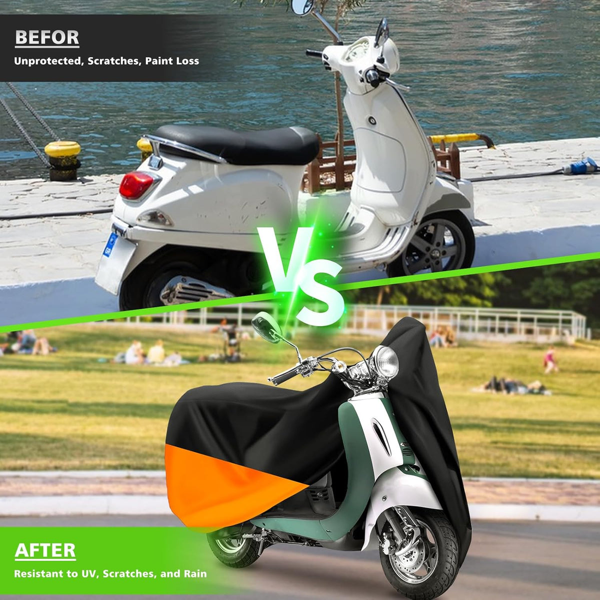 COVERVIN Scooter Outdoor Waterproof Cover, Moped Cover Vespa Cover for Honda Ruckus Yamaha 60″ Long (XS, Black Orange)