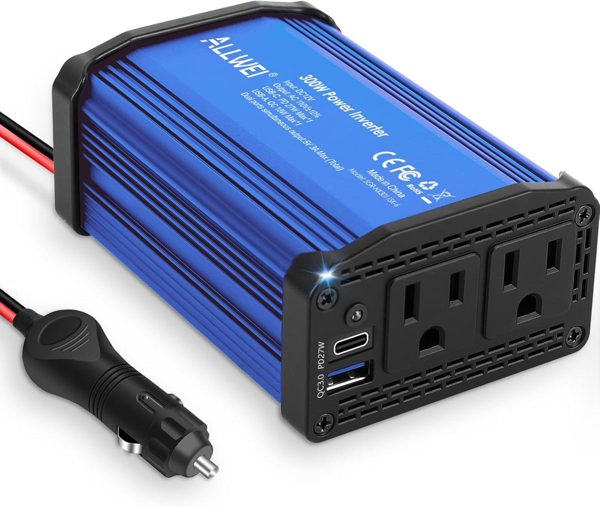 300W Car Power Inverter 12v to 110v, Car Plug in Adapter Outlet with PD 27w USB-C and Fast Charger 18w USB-A, Car Outlet Adapter, Car Converter to Outlet Plug, Power Inverters for Vehicles (Blue)
