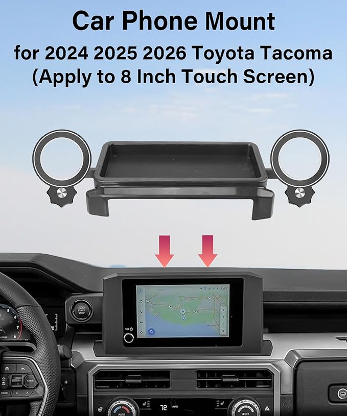 Car Phone Holder for Toyota Tacoma 2024 2025 2026 Accessories Magnetic Cell Phone Mount Apply to 8 Inch Screen Fixed Clip Hands-Free 360 Degree Rotation with Dashboard Storage Tray